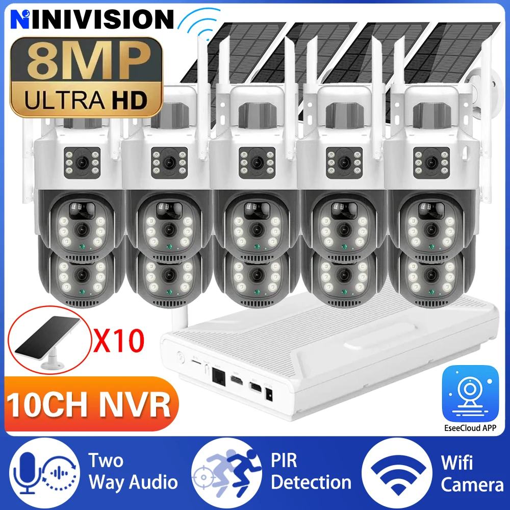 

Dual Lens 8X 4K 8MP 10CH NVR Wireless CCTV Security Camera System Outdoor Solar Battery Power PTZ Video Surveillance Protection