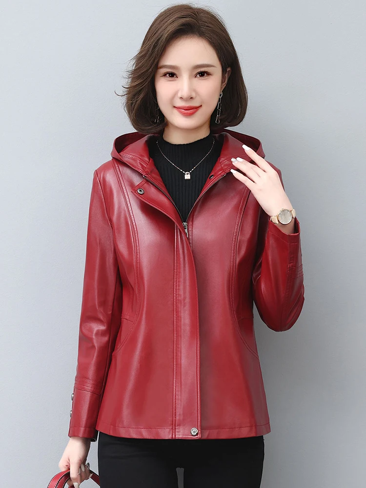 New Women Hooded Leather Jacket Spring Autumn Casual Fashion Long Sleeve Mum's Split Leather Outerwear Loose Tops Coat Winter