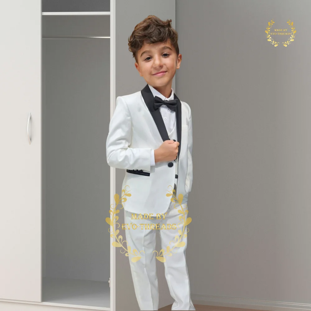 Boy's White 3-pieces Tuxedo (Jacket+Vest+Pants) Shawl Collar Formal Fit Set for Wedding Kids Prom Birthday Party Custom Attire