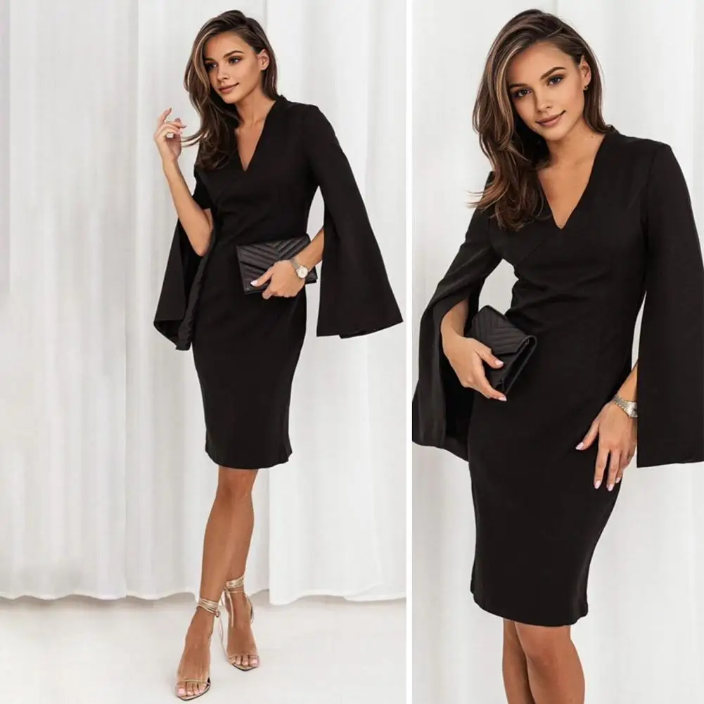 Fall Summer Women Fashion With Gathered Satin Mini Dress Vintage V Neck Long Slit Horn Sleeve Female Dresses Vestidos Formal