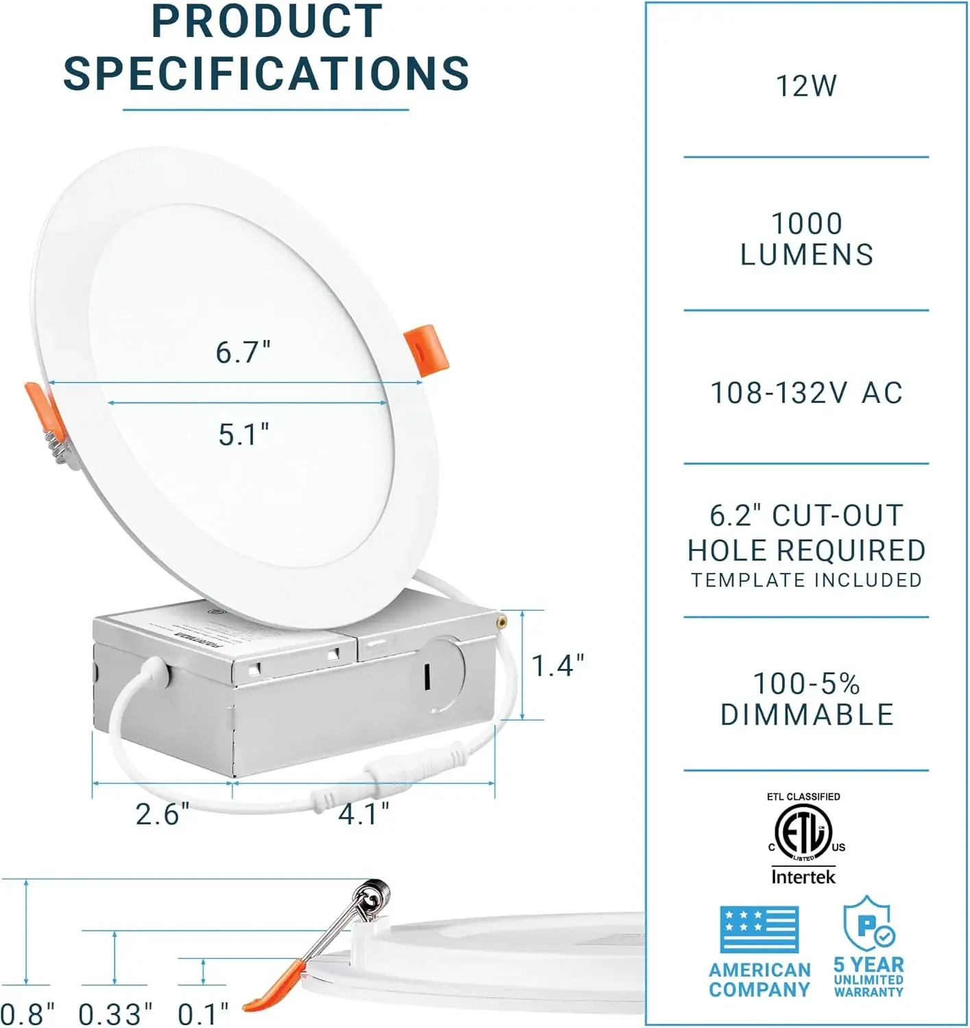 Parmida (12 Pack) 6 Inch Ultra-Thin Led Recessed Ceiling Light With Junction Box, 12W, Dimmable Canless Wafer Slim Panel