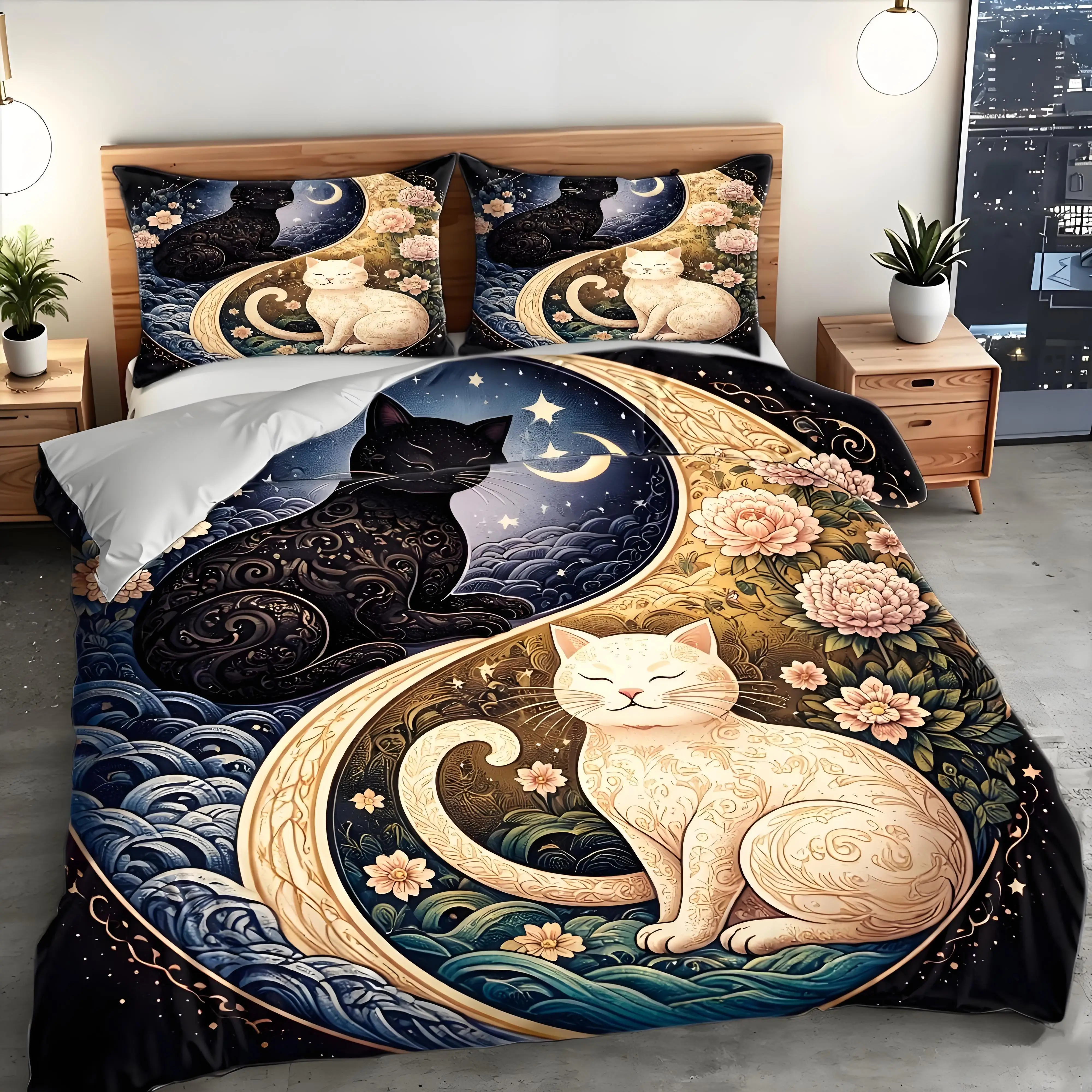3Pc Yin Yang Cat Print Quilt Cover Set, Three-Piece Bedding Set (1*Quilt Cover + 2*Pillowcases), Suitable for All Seasons, Machine Washable, Invisible Zipper Double Bed Cover, Suitable for Home, Dormitory, Master Bedroom, Guest Room, Large Size Bedding Set, Retro Art Style Bedding, Comfortable and Skin-Friendly Bed Set, Cross-Border Best-Selling Bedroom Bedding, Exquisite Pattern Cat-Themed Quilt Cover, Multifunctional Home Bed Cover Set