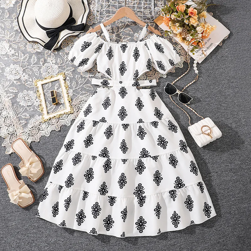 2025 New Arrival Girls Short Sleeve Slash Neck Print White Infantil Menina Cute Holiday Night Party Princess Dress Custume 8-12T