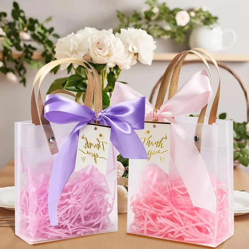 10Pcs Transparent Gift Bags with Ribbons Lafite Grass PVC Candy Graduation Gifts Packaging Tote Bags Birthday Party Supplies