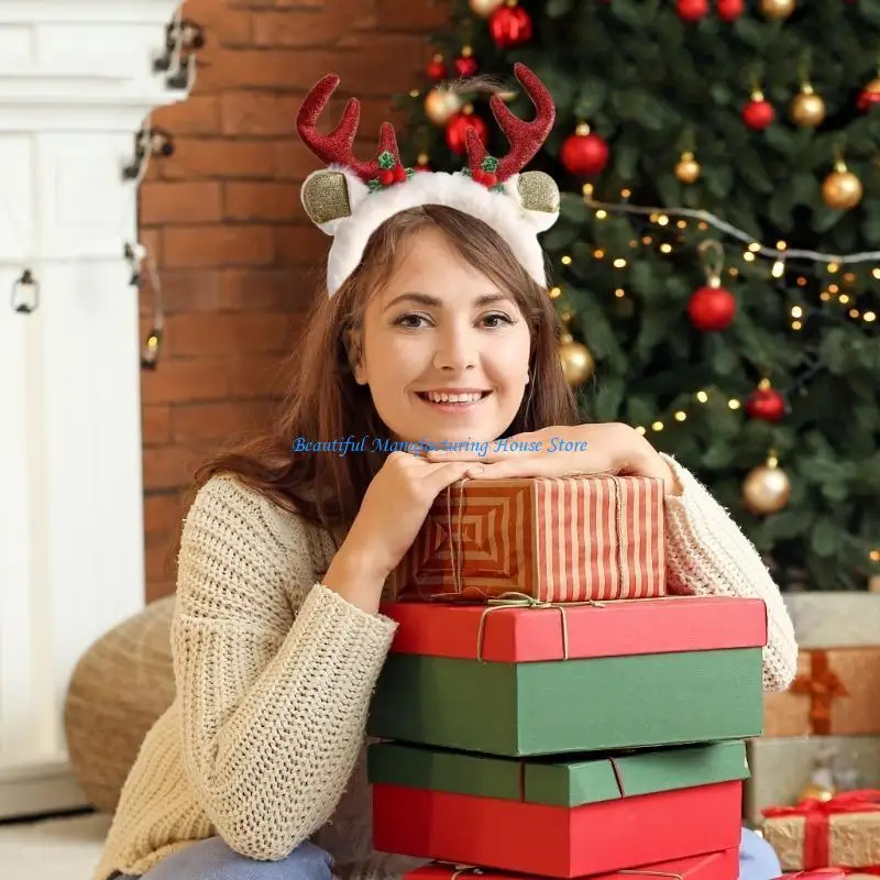 E56A Christmas Costume Headband Mistletoe Stage Mistletoe Headwear Antler Christmas Party Props Antler Present Headband