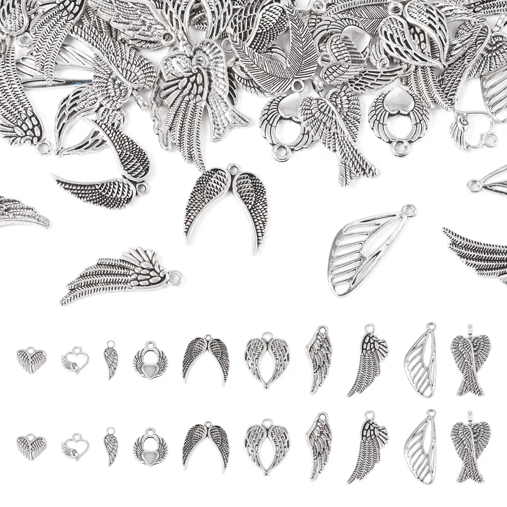 

60pcs Vintage Tibetan Style Alloy Pendants Wing Heart Antique Silver Color Charm for Bracelet Necklace Earrings Jewelry Making