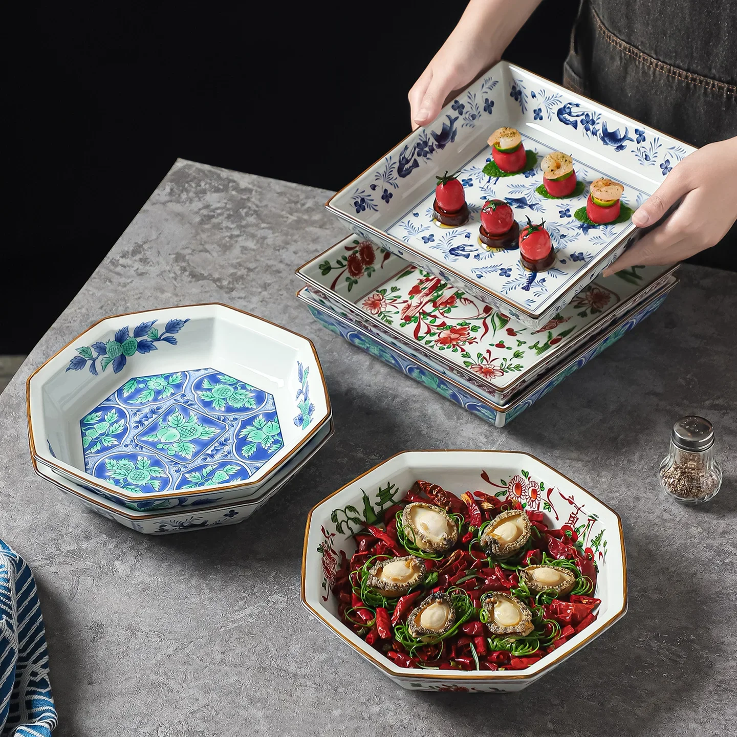 Retro Underglaze Color Ceramic Deep Plate Japanese Cuisine  Sashimi  Square  Hotel Cold Dish Creative