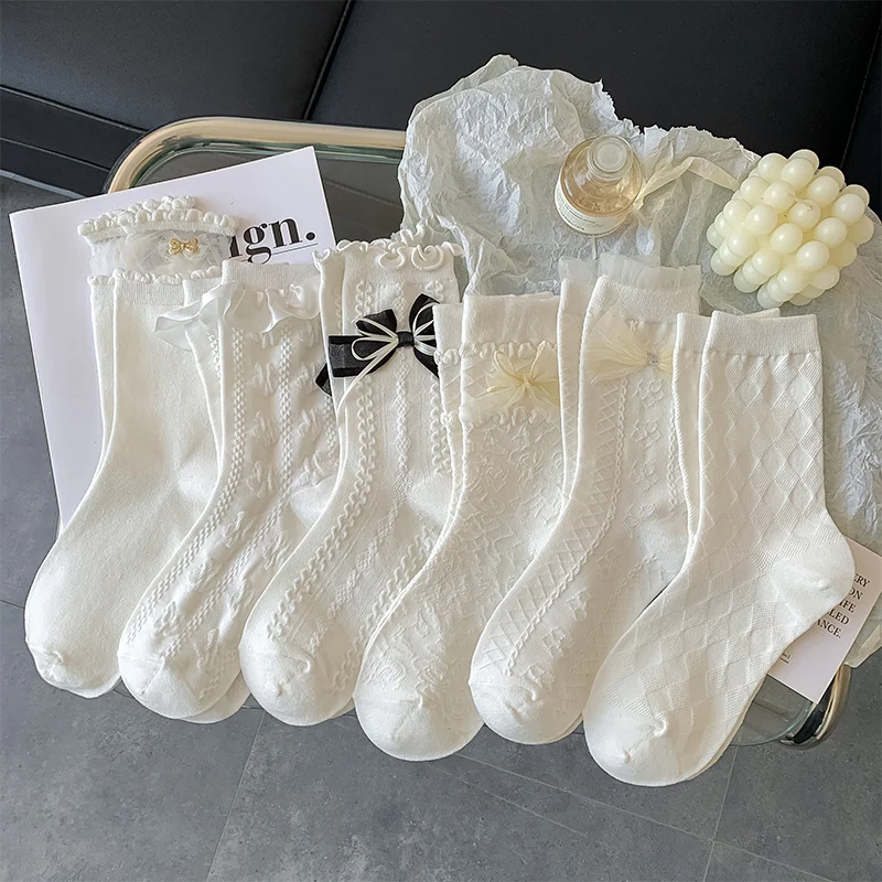 

Lolita Lace White Socks Women JK Bow Frilly Socks Female Sweet Long Cotton Socks Girls Ankle Dress Calcetine Medias