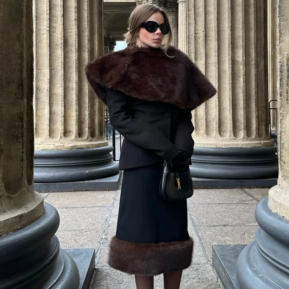 

Talenza Elegant High-Waisted Skirts Women Luxury Solid Faux Fur Patchwork Skirts Autumn/Winter Vintage Party Fit Female Skirts