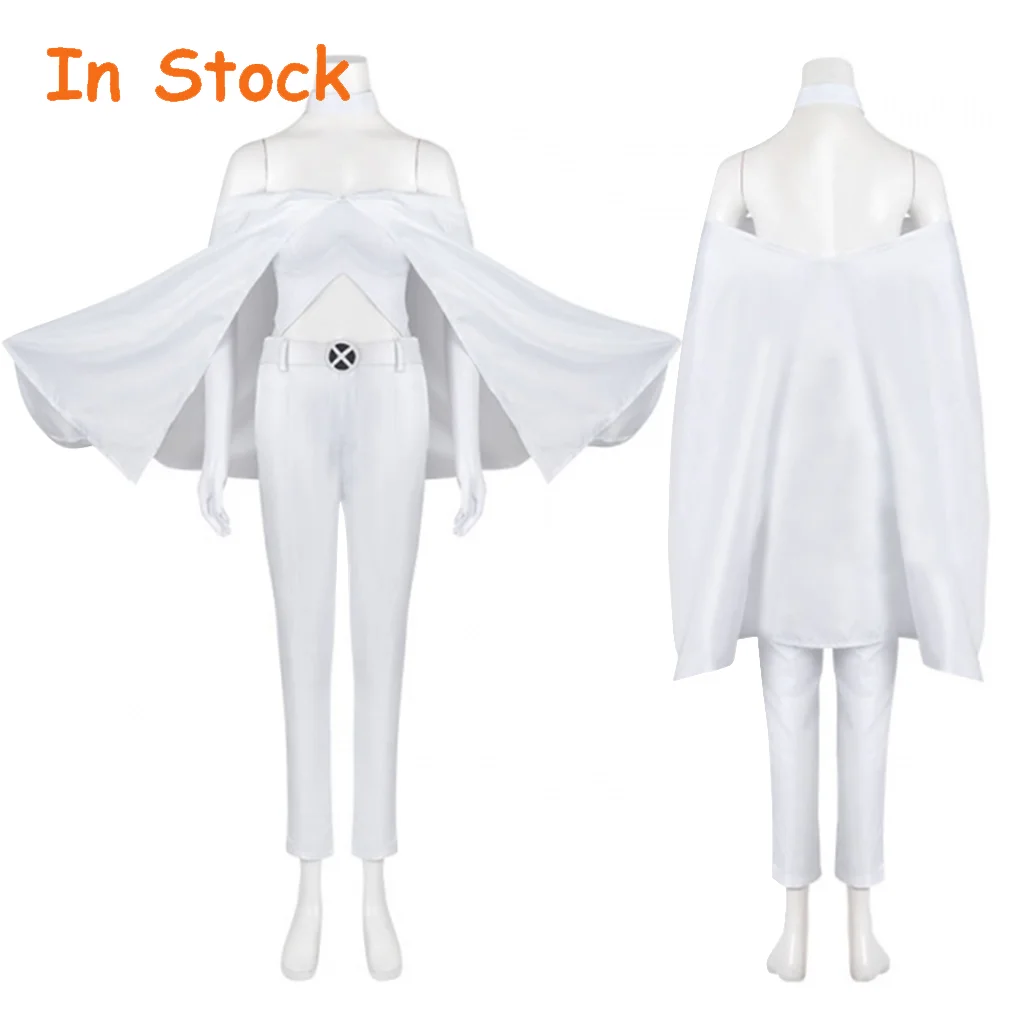 Op voorraad Comics Emma Cosplay Frost White Battle-kostuum Dames Top Broek Mantel Volledige set Halloween Disguies Feestpak