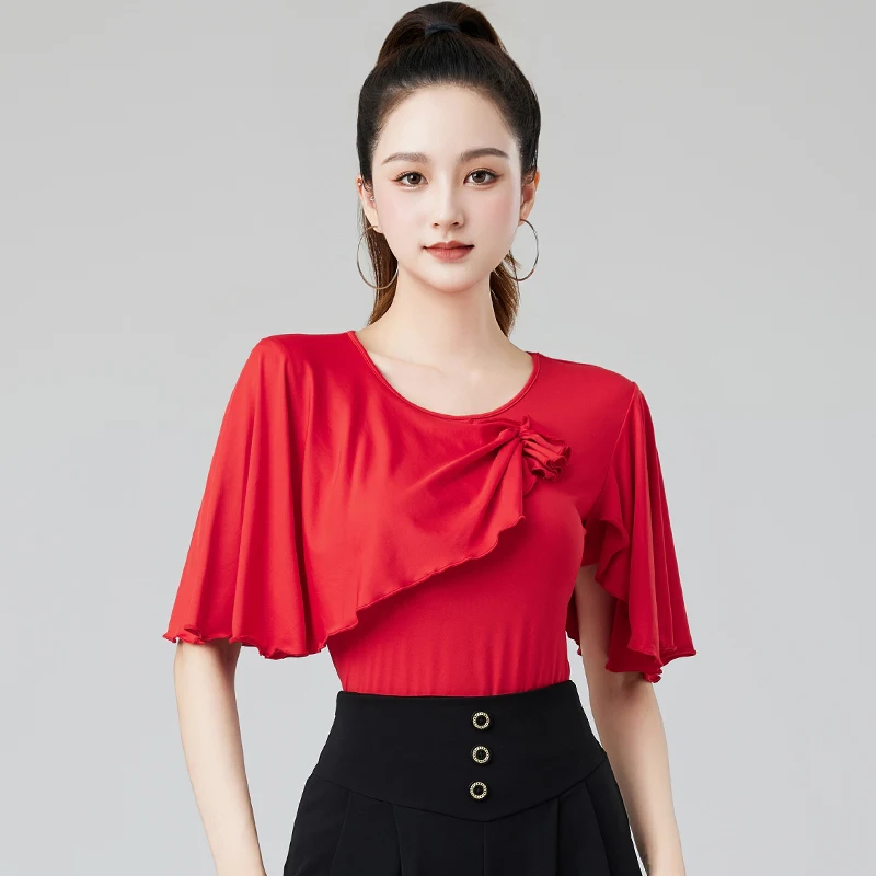 Korte mouwen danskleding top rood nieuwe latin dans tops danspak dames boven en onderkant moderne lijn dameskleding podiumkleding