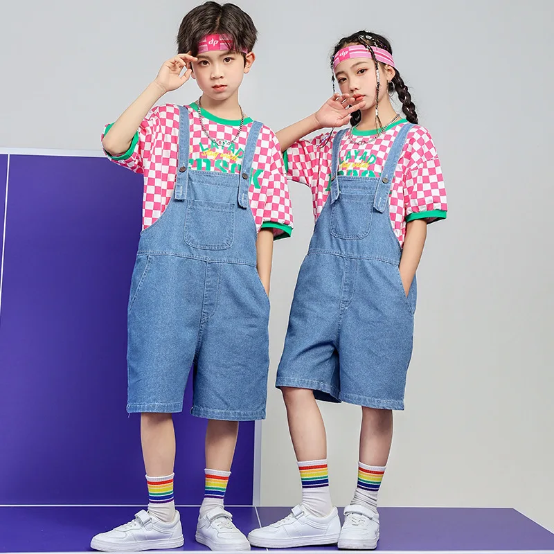 

Kids Hip Hop Dance Clothes Plaid T-Shirt Loose Denim Overall Summer Street Dancewear Boy Girl Jazz Practice Performance Costumes