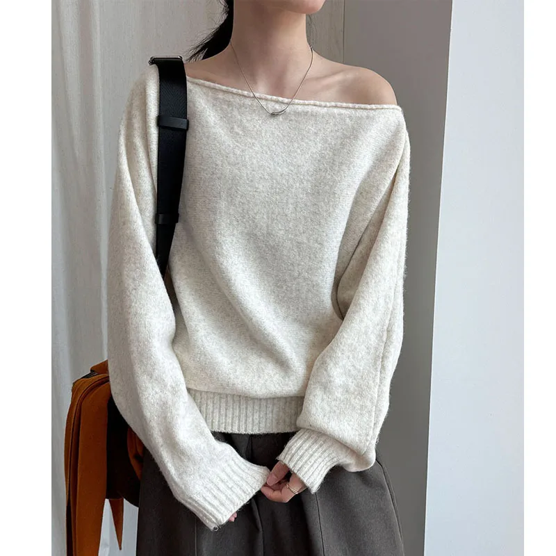 

Autumn new casual knitted top rolled edge off shoulder long sleeve sweater women's