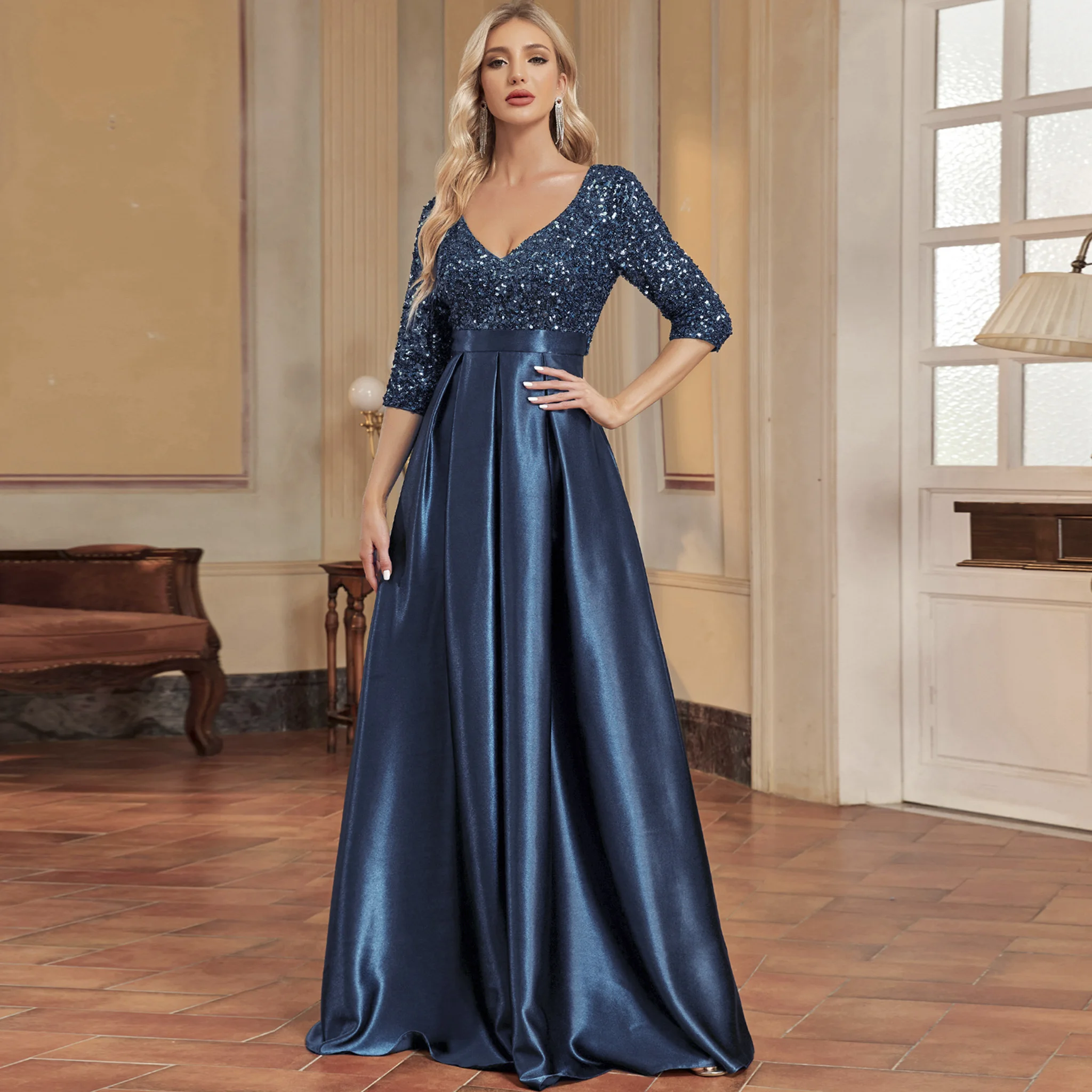 여성용 반소매 스팽글 드레스 포멀 프롬 드레스 이브닝 가운 포켓 포함