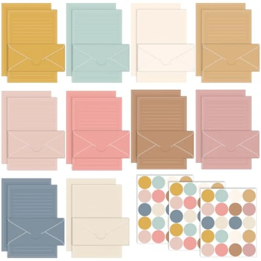 

160 Packs Stationery Paper Set 50 Double Sided Stationery Writing Papers 50 Matching Envelopes 60 Round Dot Sticker, 10 Design(