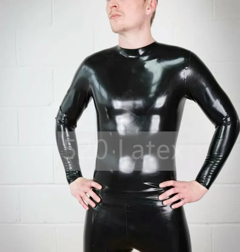 

Черная латексная мужская футболка с длинными рукавами, мягкая одежда, мужской фетиш-костюм, классические топы ручной работы, резиновая рубашка-поло, костюм на Хэллоуин