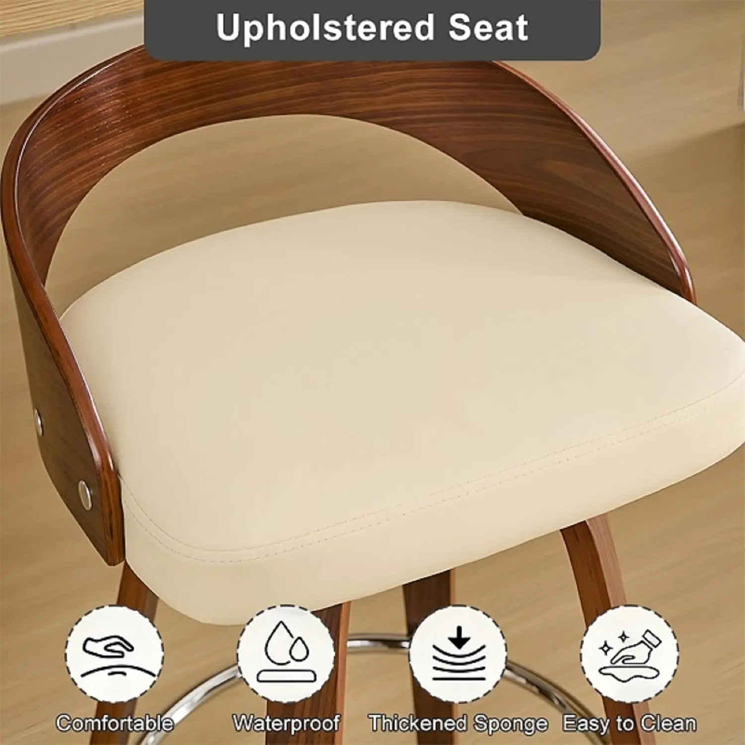 Mid Century Swivel Bar Stools Set of 6, 25" Faux Leather Counter Height Barstools with Walnut Back & Bentwood Legs, Customized - view 4