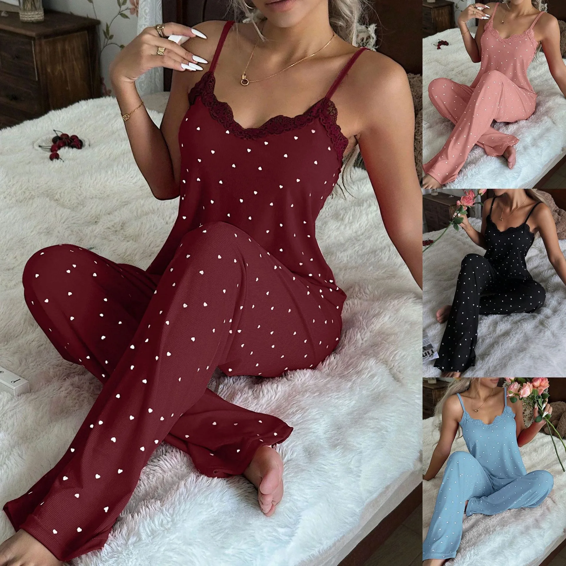 

Sleepwear Women's Heart-shaped Dot Lace Edged High-Cut Bra Backless Top Pants Homewear Set Women