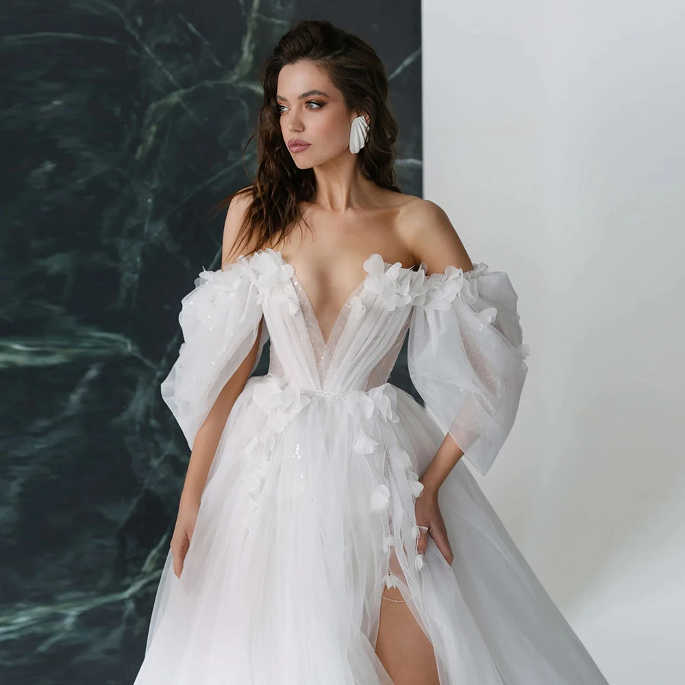 Elegante 3D Bloemen Boho Trouwjurken Met Afneembare Mouwen Sexy V-hals Uit De Schouder Strand Bruidsjurken Aangepaste 2025