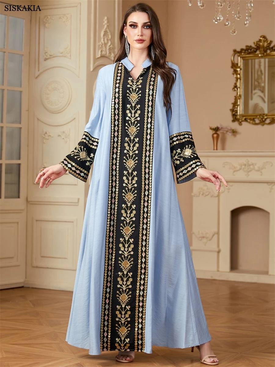 Siskakia Ramadan Dubai Patchwork Abaya Floral Embroidery Kaftan Straight Sleeve Maxi Dress Stylish Moroccan Women Clothes