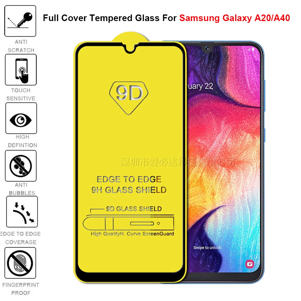 2 قطعة فيلم زجاجي لهاتف سامسونج جالاكسي A20 واقي للشاشة 9D غطاء كامل من الزجاج المقسى لهاتف سامسونج جالاكسي A40 طبقة رقيقة واقية