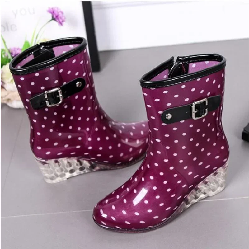 Shangjiake Mid length Women Rain Boots High Heel Fashion Rain Shoes Anti slip Slope Heel Waterproof Overshoes female Water Shoes