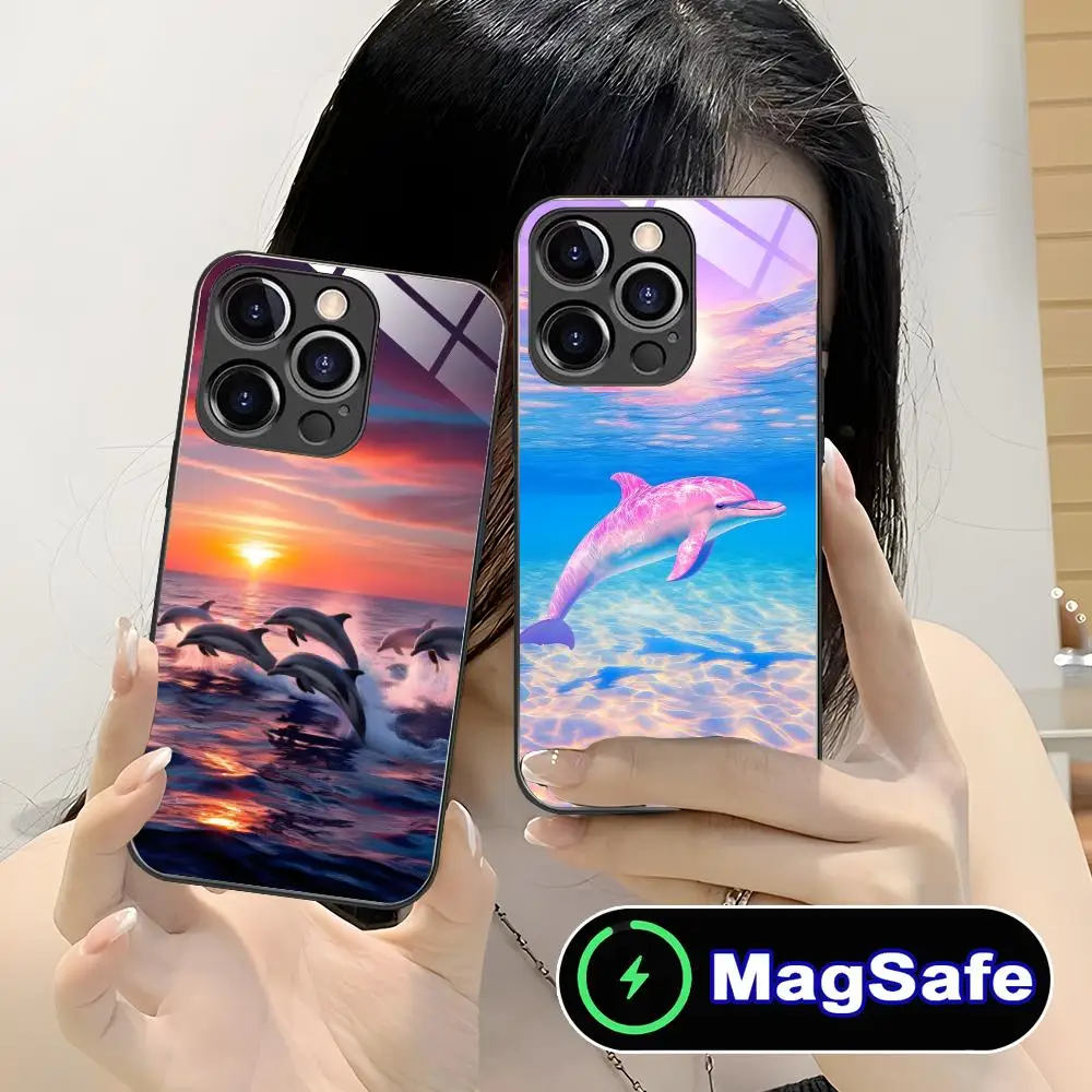 

Kawaii Dolphin Mobile Phone Case for iPhone 16 15 14 13 12 11 Pro Max Plus Mini MagSafe Glass Colour Printing Pretty Cellphones