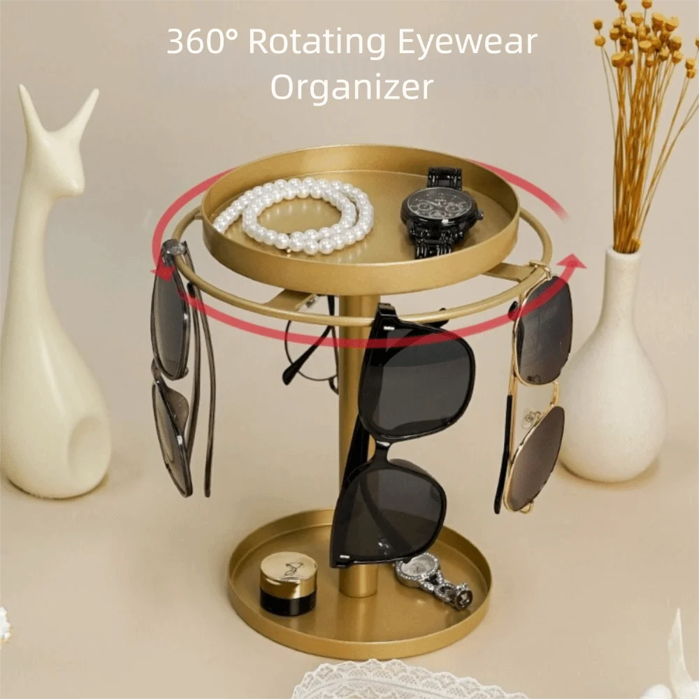 رف نظارات شمسية منظمات معدنية 360 درجة °   حامل نظارات دوار من الفولاذ المقاوم للصدأ، صينية قابلة للإزالة، تصميم أنيق، رف عرض النظارات