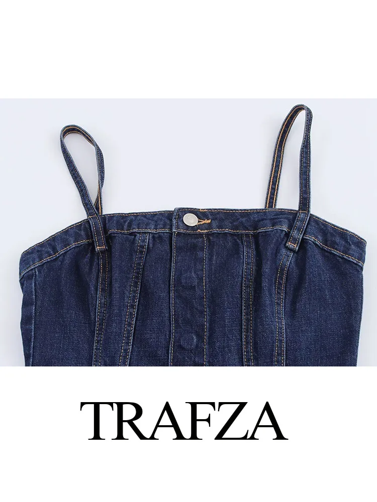 Trafza weibliche Sommer elegante Overall Denim ärmellose rücken freie Taschen einreihige Frauen mit Gürtels ch linge Overalls Mujer