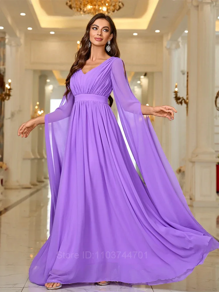 Elegant Evening Dress Maxi Long V Neck with Long Sleeves High Waist 2024 pretty Purple Bridesmaid Dress Vestidos Largos