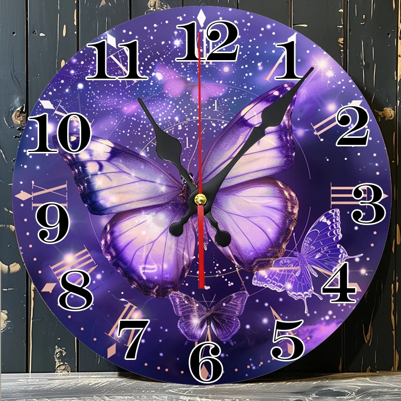 Enchanting Wall Clock: Purple Butterfly on Starry Background, a Unique Decor for Your Space