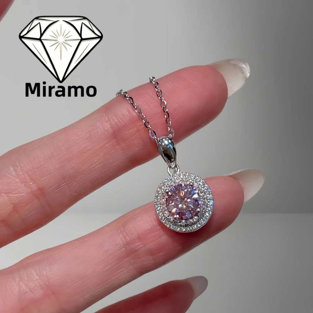 1Carat Round Cut Pink Moissanite Necklace Luxury Stylish 6.5mm Diamond Pendant for Women S925 Sterling Silver with Certificates