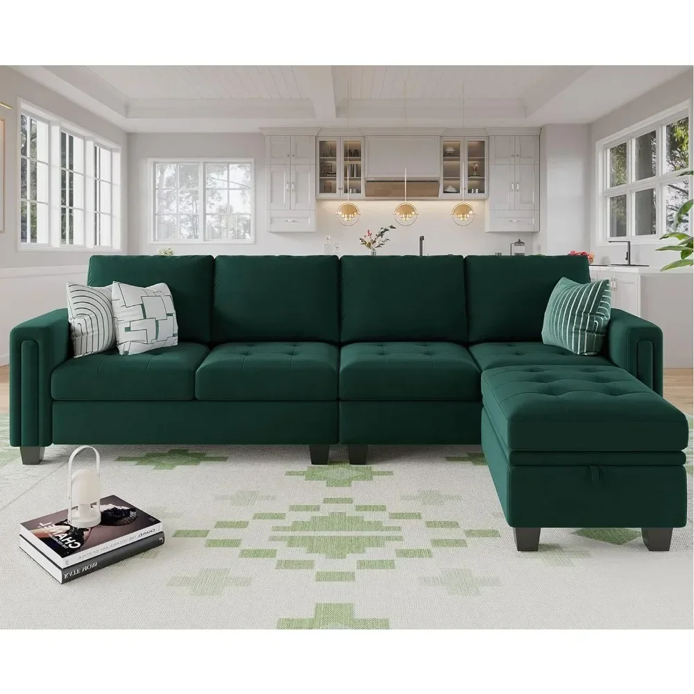 

Sofa living room，Velvet Reversible Sectional Sofa with Chasie Convertible L Shaped 4-seat Sectional Couch with Storage Ottoman