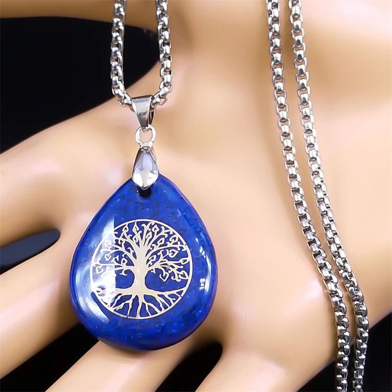 Yoga Tree of Life Necklace for Women Men Lapis Lazuli Stone Stainless Steel Silver Color Amulet Chain Jewelry collier NZZZ366-5S