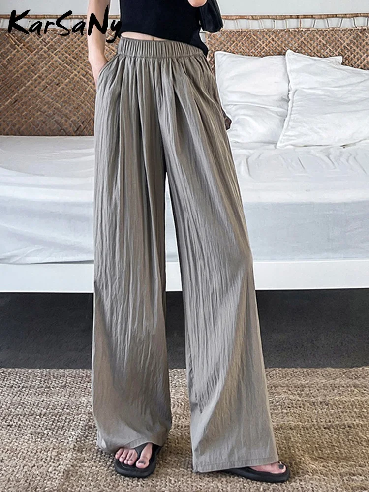 KarSaNy Summer Women Pants Wide Leg Trousers High Waist Ice Slik Pant Elastic Waist Loose Straight Baggy Pants Woman Summer