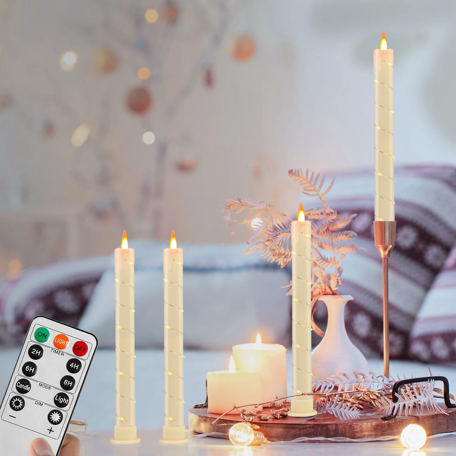 شموع مستدقة عديمة اللهب LED تعمل بالبطارية، شمعدانات وامضة وهمية، شموع كهربائية طويلة لعيد الميلاد، ديكور منزلي للزفاف