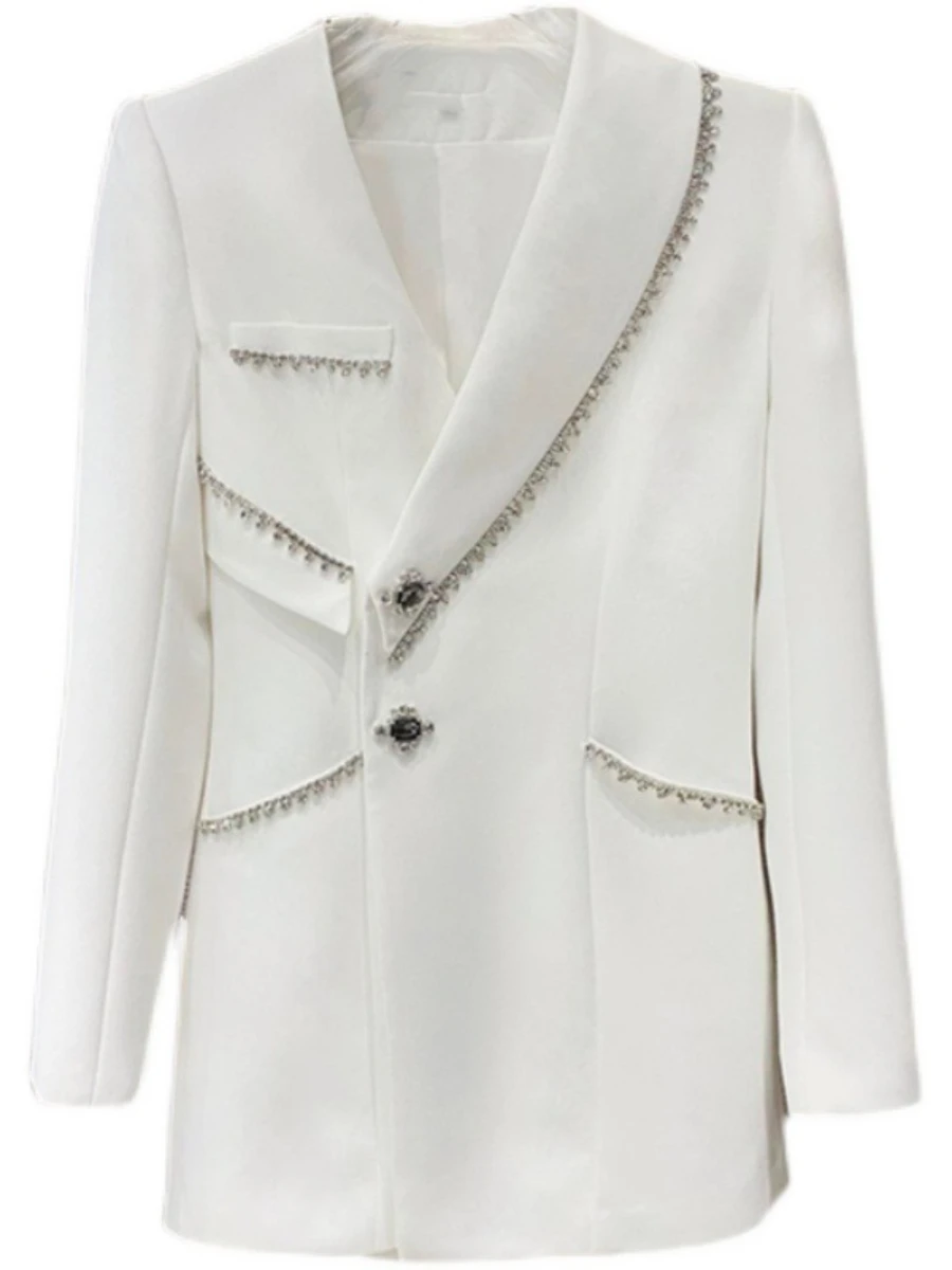 French Style  Diamond Waist Beaded Mid-Length White Suit Coat Women Spring Autumn New Rhinestone Fashion Slim Fit Blazer Dress