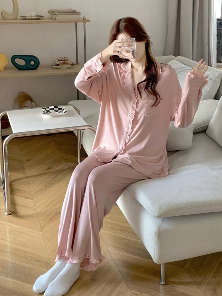 

Women Sets Homewear Comfortable Solid Minimalist All-match Leisure Sweet Students Korean Style Tender Autumn Temperament New Ins