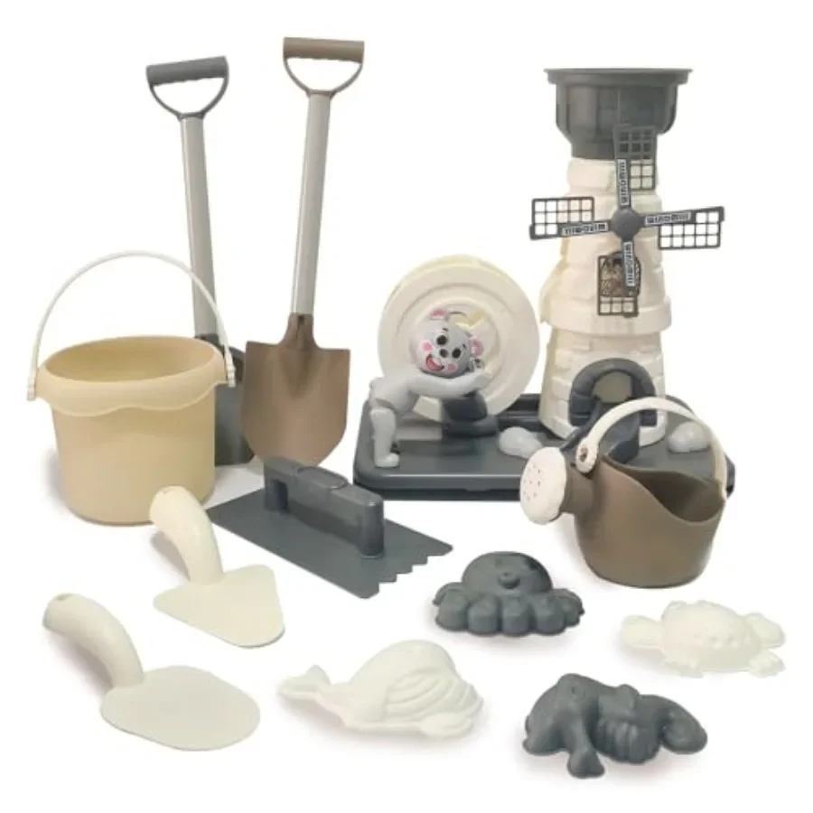 Zestaw zabawek plażowych 12 elementów, zabawki do piasku, kreskówkowy wiatrak, klepsydra, zawiera dwa łopatki, wiaderko na wodę, konewka, narzędzia w kształcie zwierząt.