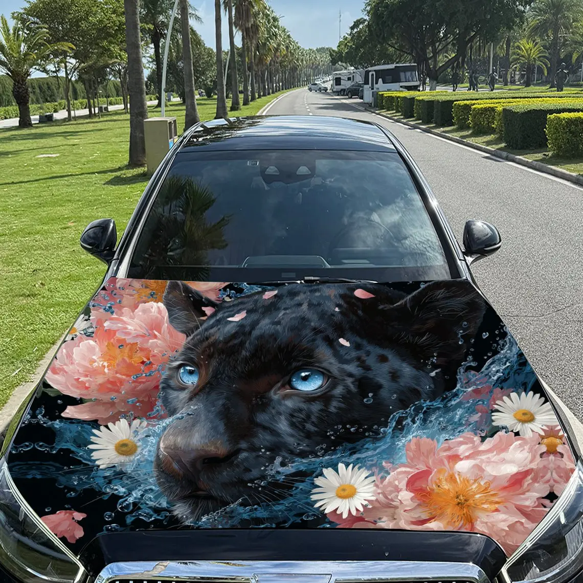 

Panther Splashing Water Car Vinyl Wrap, PVC Material Waterproof Car Hood Sticker, Self-Adhesive Scratch-Resistant Stickers for E