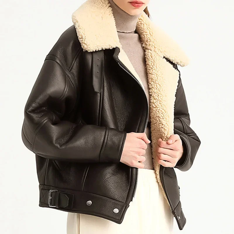 

Lady 2023 High Quality Shearling Jacket Women's Fashion Sheepskin Leather Real Wool Lined Thick Warm Winter Coat