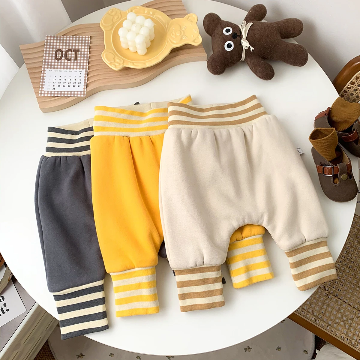 Newborn Baby  Boys Girls Winter Clothes Pants Keep Warm Cartoon Bear Print Back Cute Double  Leggings