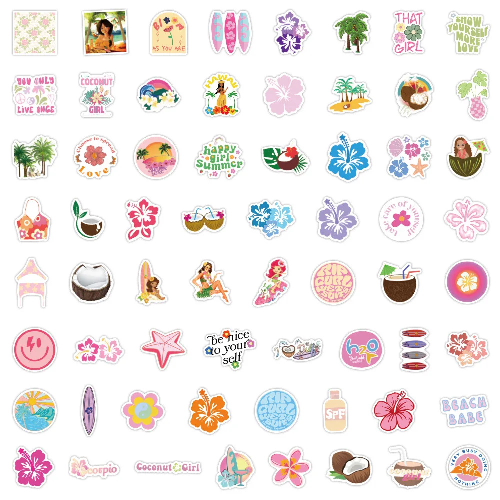 Summer Coconut Girl Waterproof Stickers, decalque, laptop, motocicleta, bagagem, snowboard, geladeira, telefone, carro, etiqueta, 60pcs