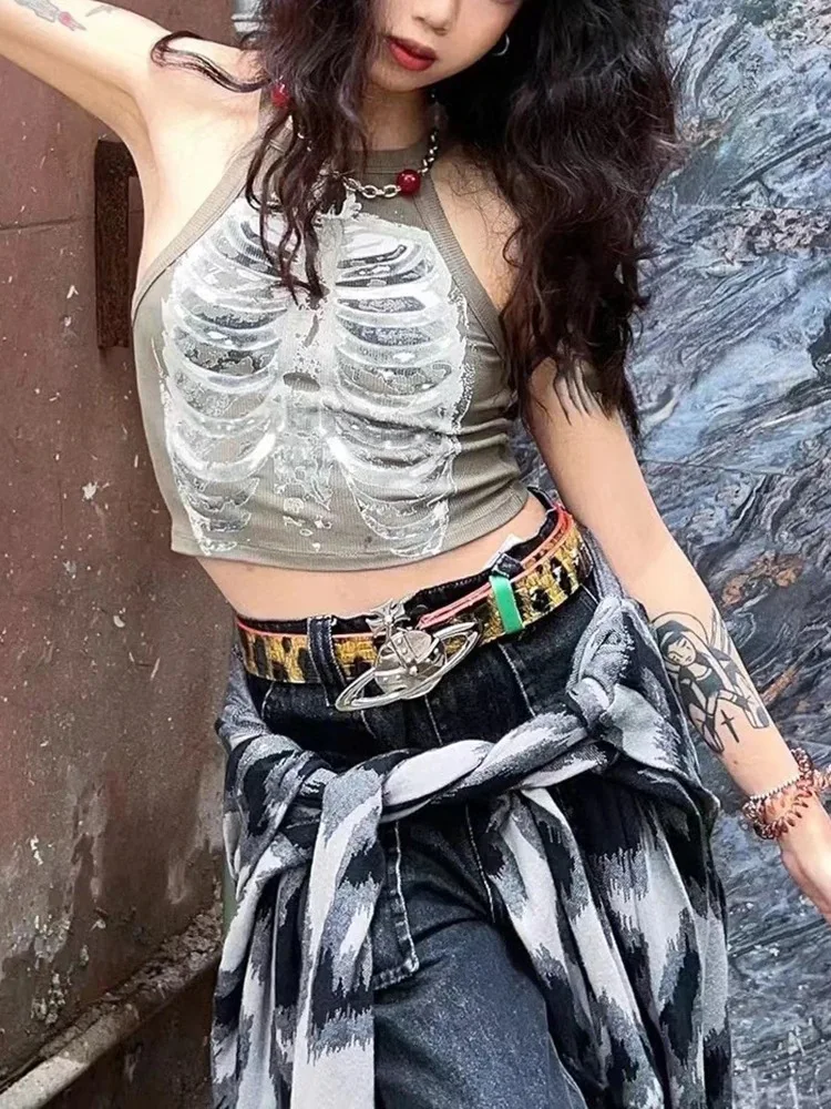 Punk donna estetica scheletro stampa Grunge canotta gotica Top Y2k vestiti Vintage corsetto canotta Baby Tees Emo girl Crop Top