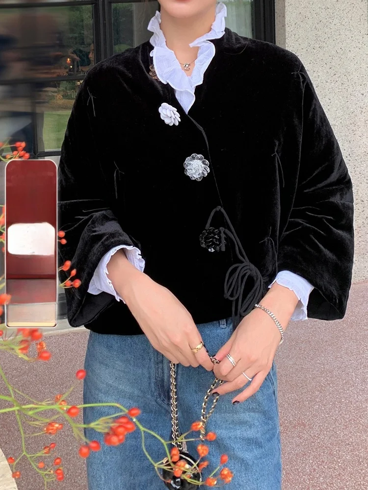 

New Chinese Sle Women's Jaet Thiened Autumn Winter ort Coat Warm Bla Fce Inner Faionable Commute Sle Coat