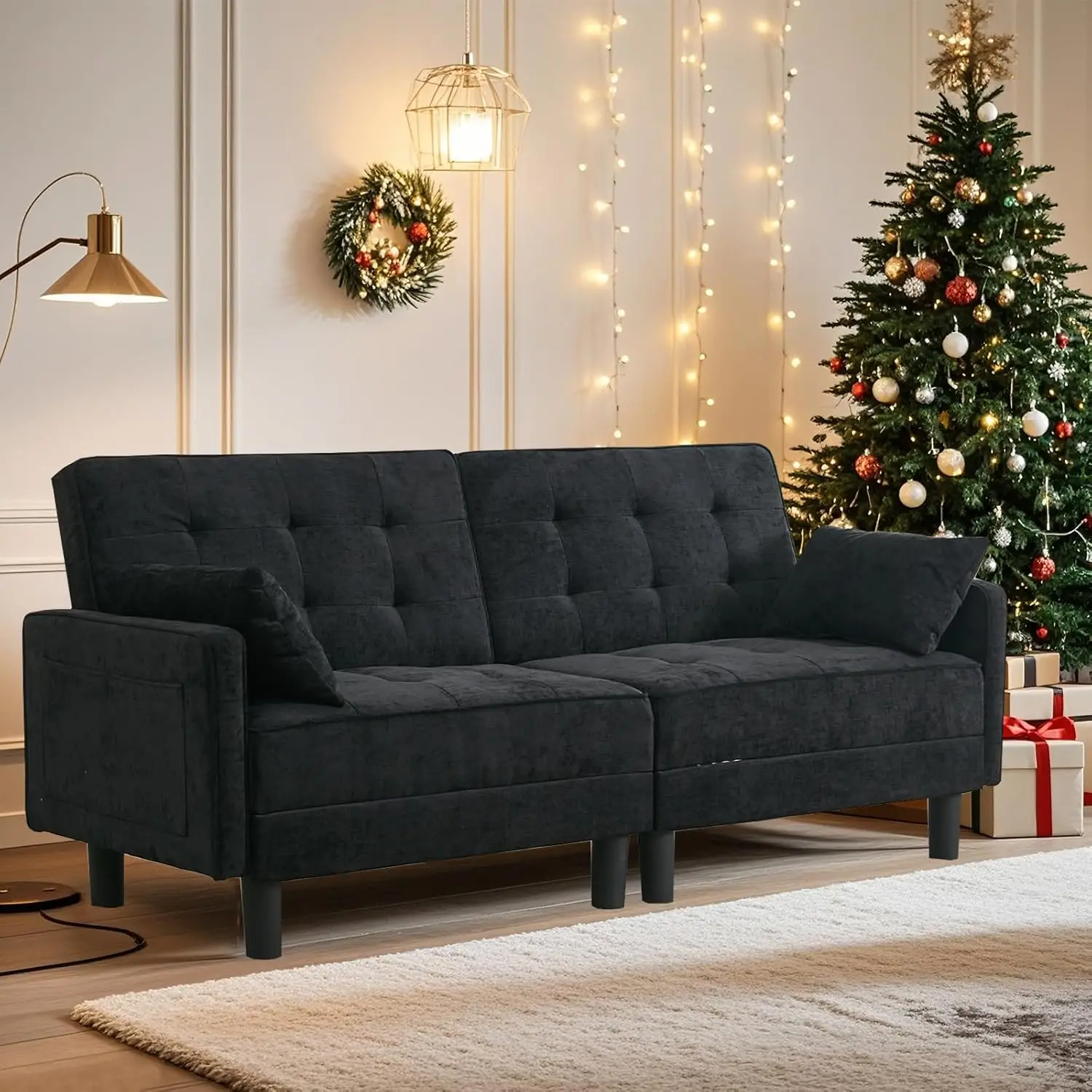 Futon Sofa Bed, Convertible Loveseat Couch With Adjustable Backrest, Chenille Upholstered Sleeper Sofa For Living Room &