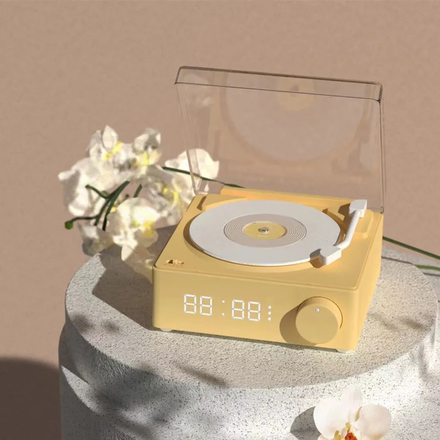 Retro Bluetooth Turntable with Electronic Alarm Clock and Stylish Bedside Clock Wireless Speaker  Desktop Decoration