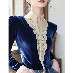 Autumn New Elegant Temperament Blouse Ladies Fashion Patchwork Hollow Out V-neck Long Sleeve Shirts Women Slim Pullovers Top Tee