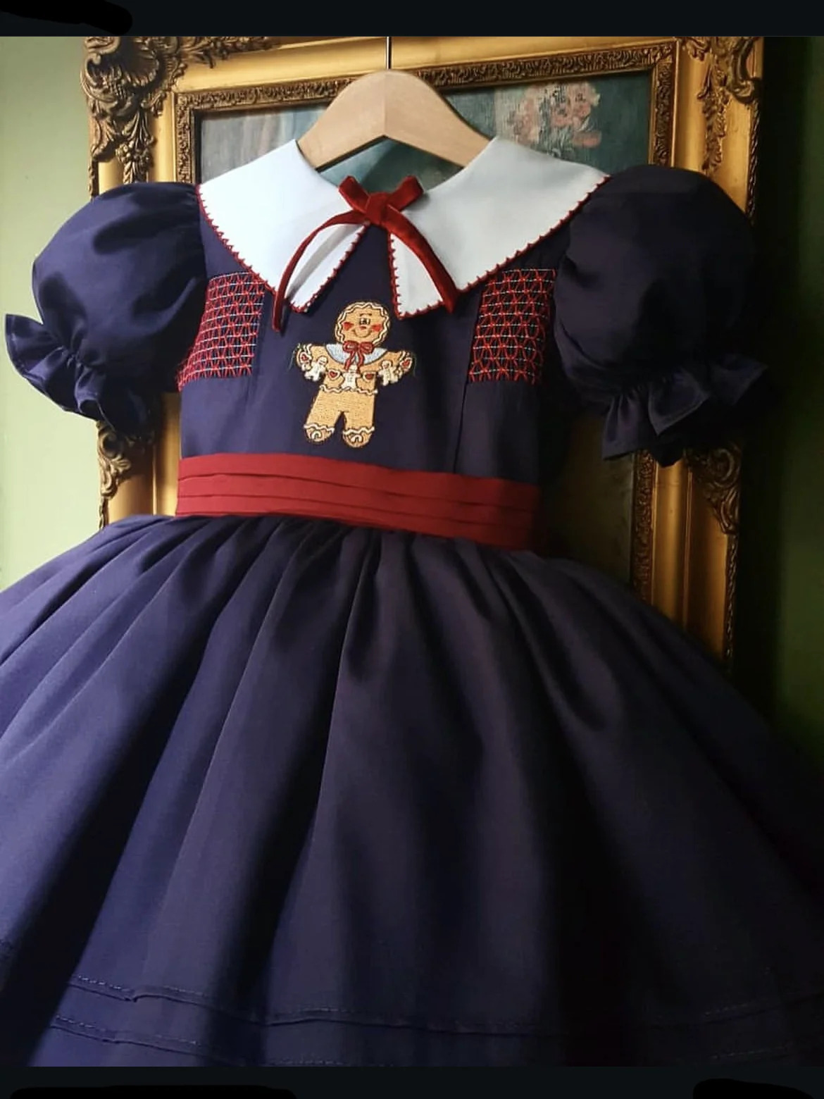 Baby Girl Autumn Navy Blue Smocked Gingerbread Man Embroidery Vintage Turkish Princess Ball Gown Dress for Eid Birthday