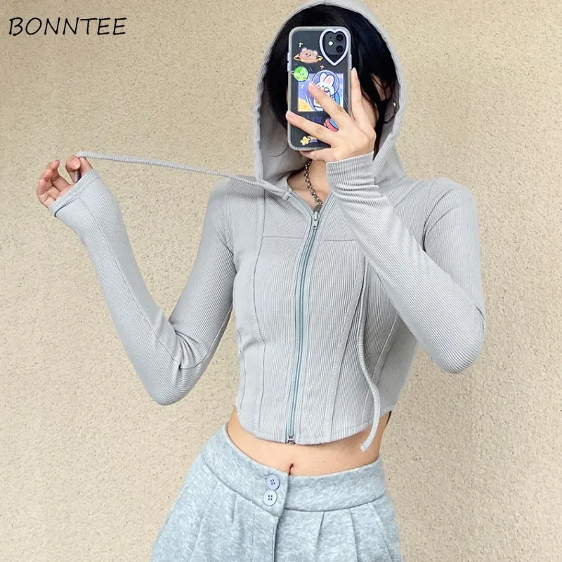 Cropped Slim T-Shirts Women Solid Hooded Chic Popular Defined Waist All-match Streetwear Korean Fashion Spring Long Sleeve Tops